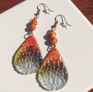 Lightweight Epoxy Resin Orange Sunset Druzy Earrings Handmade Teardrop Art